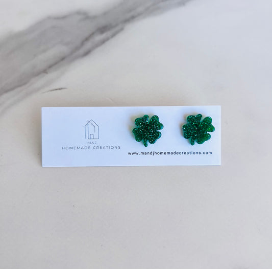 Green Glitter Clover Stud