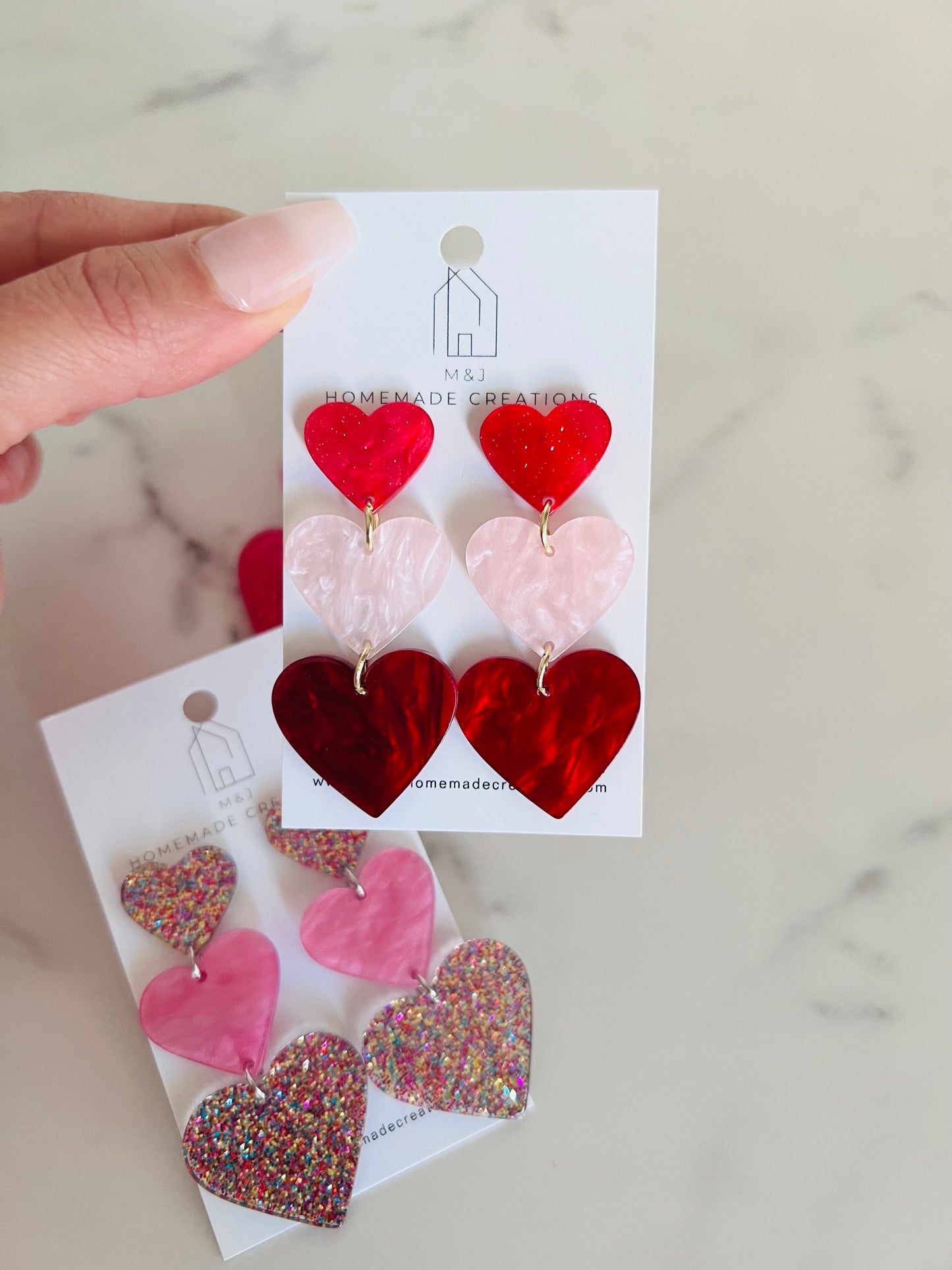 Red & Pink Marble 3 Heart Dangles